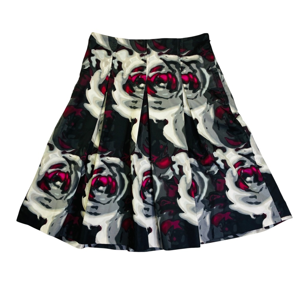 Express Design Studio Floral Rose Pleated A-Line Skirt Gray Magenta Black Sz 6